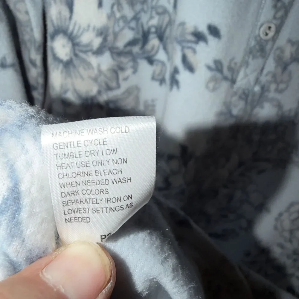 Miss Elaine Classic Blue Fleece Nightgown M  Super Soft Floral Polyester Pullove